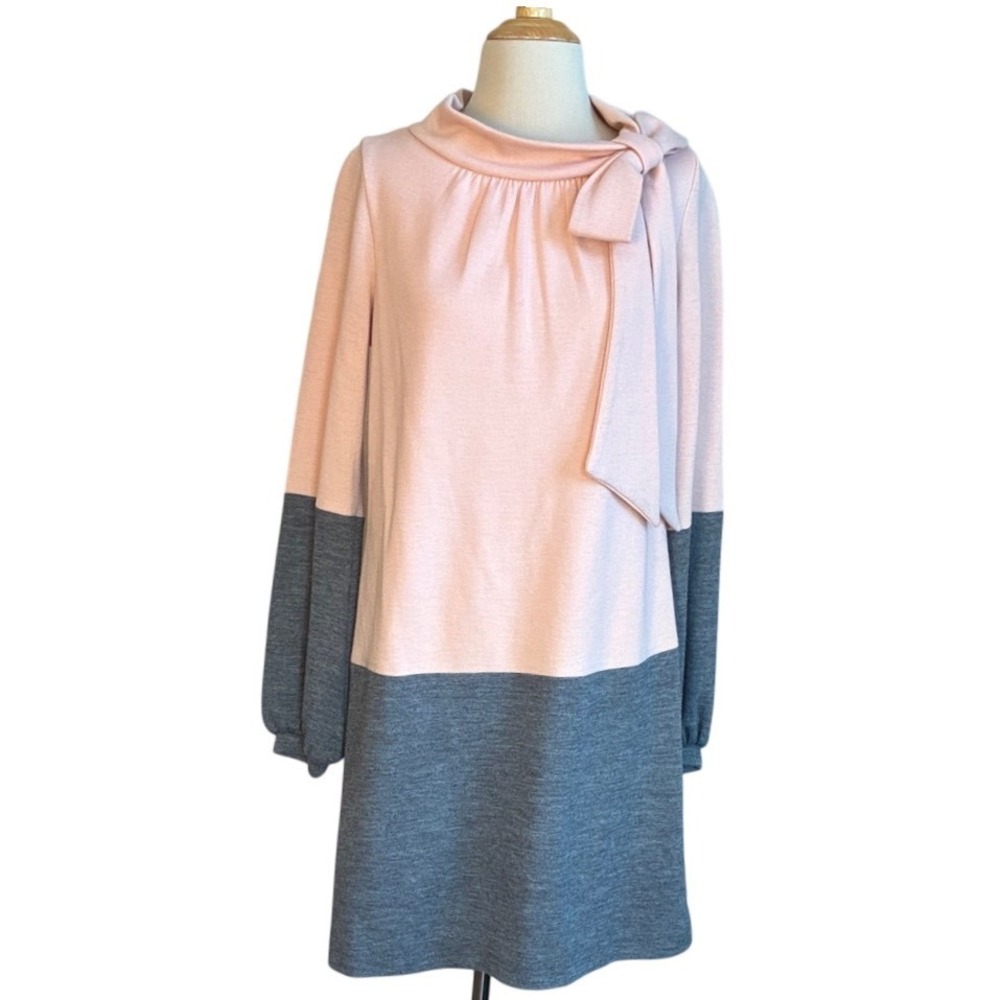 MILLY Medium Pink Grey Color Block Wool Blend Knit Shoulder Bow Sweater Dress